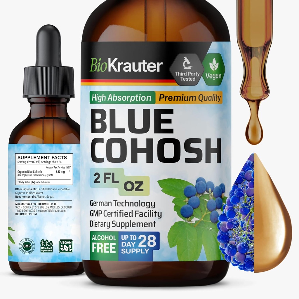BIO KRAUTER® Menopauze supplementen voor vrouwen* - Blue Cohosh Tinctuur 2 Fl.Oz 28 Dagen van levering - Vegan Blue Cohosh Extract voor Menopauze Ondersteuning - Alcohol en Suikervrij - Ontspannen en Wellness voor vrouwen