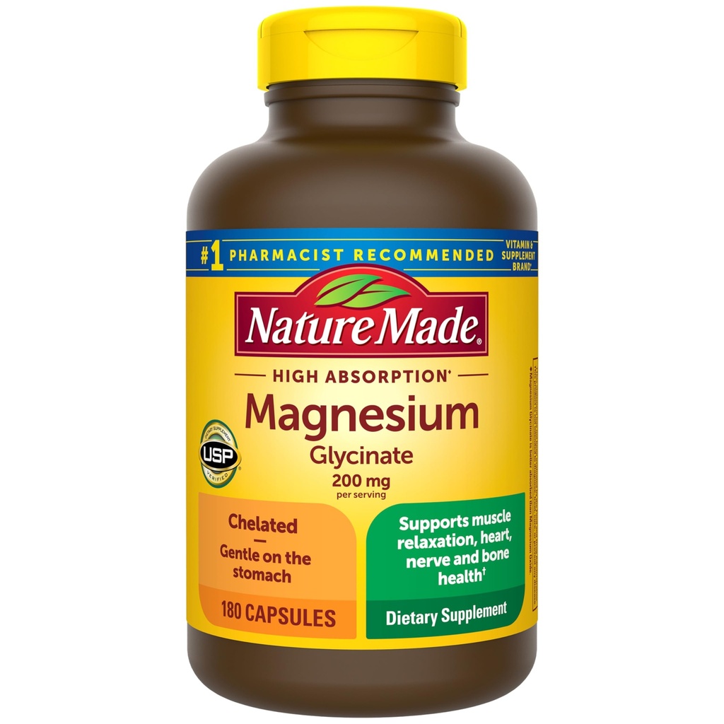 Nature Made Magnesium Glycinate 200 mg per portie, Magnesium Supplement voor spier-, hart-, zenuw- en botondersteuning, 180 Magnesium Bisglycinate Capsules, 90 dagen levering