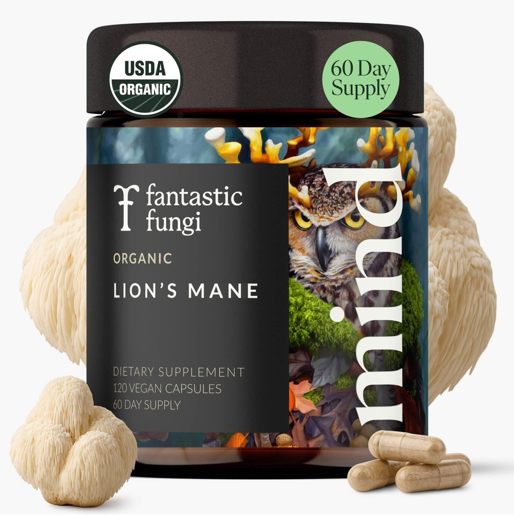 Lions Mane Supplement Capsules, Lion's Mane Mushroom Supplement for Memory, Focus & Mood support, Adaptogen Functional Paddestoelen Extract - 100% USDA Organic, Vegan- Glass Jar, 120 Caps, 2 maand levering