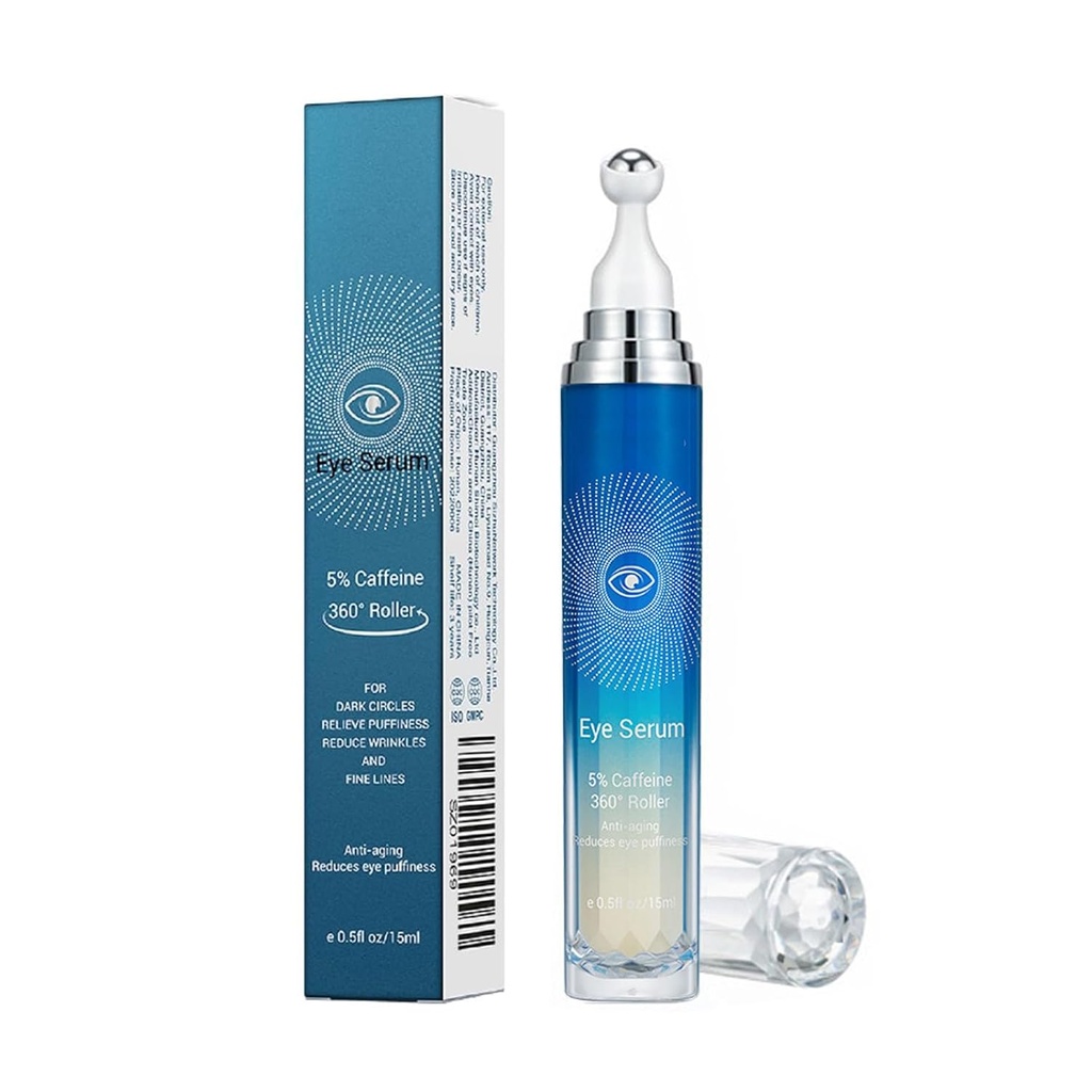 5% Cafeïne Eye Serum, Anti-Aging Under Eye Roller Cream voor donkere cirkels Pufiness Rimpels en Fine Lines, Koreaanse EyeCare Cream met 360°Massage Ball, EyeBags behandeling voor mannen en vrouwen