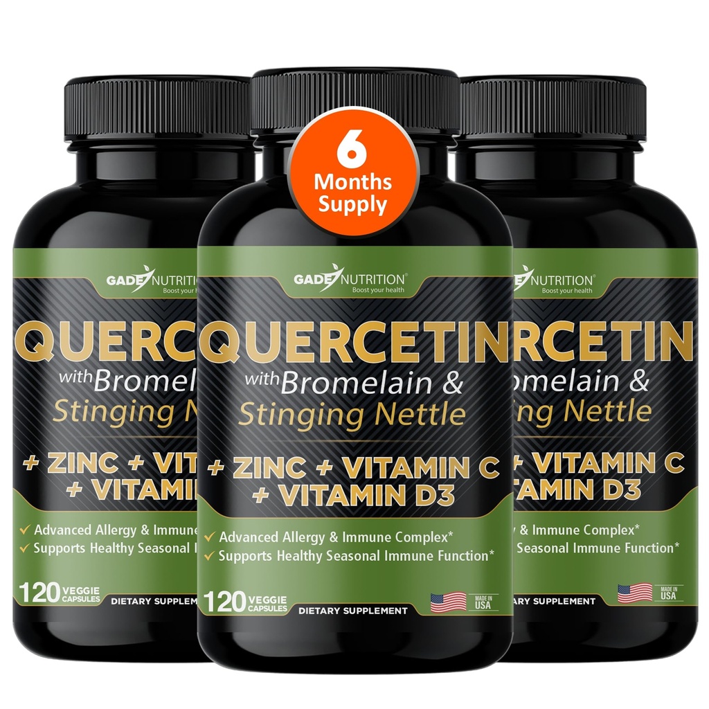 Gade Nutrition Quercetine met vitamine C, zink- en brandnetel - Nette quercetine - quercetine 500 mg - quercetine met bromelaine - zinkquercetine + vitamine D3-360 Veggiecaps - 6 maanden