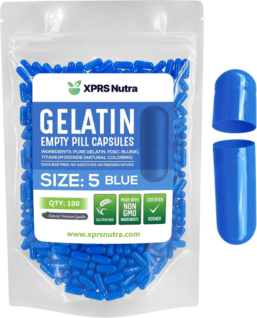 XPRS Nutra Maat 5 Lege capsules - 100 Tellen Zeer kleine Lege Gelatine Capsules - Pillen DIY Capsule vullen - Vulbare Pill Gel Caps voor Do-It-Yourself Vitamine Supplementen (Blauw)