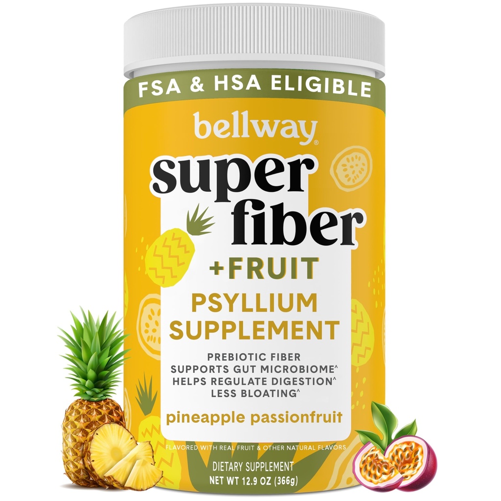 Bellway Super Fiber Powder + Fruit, Suikervrij Biologische Psyllium Husk Powder Fiber Supplement voor Regularity, Bloating Relief & Digestive Health, Plant-Based, Ananas Passion Fruit (50 porties)