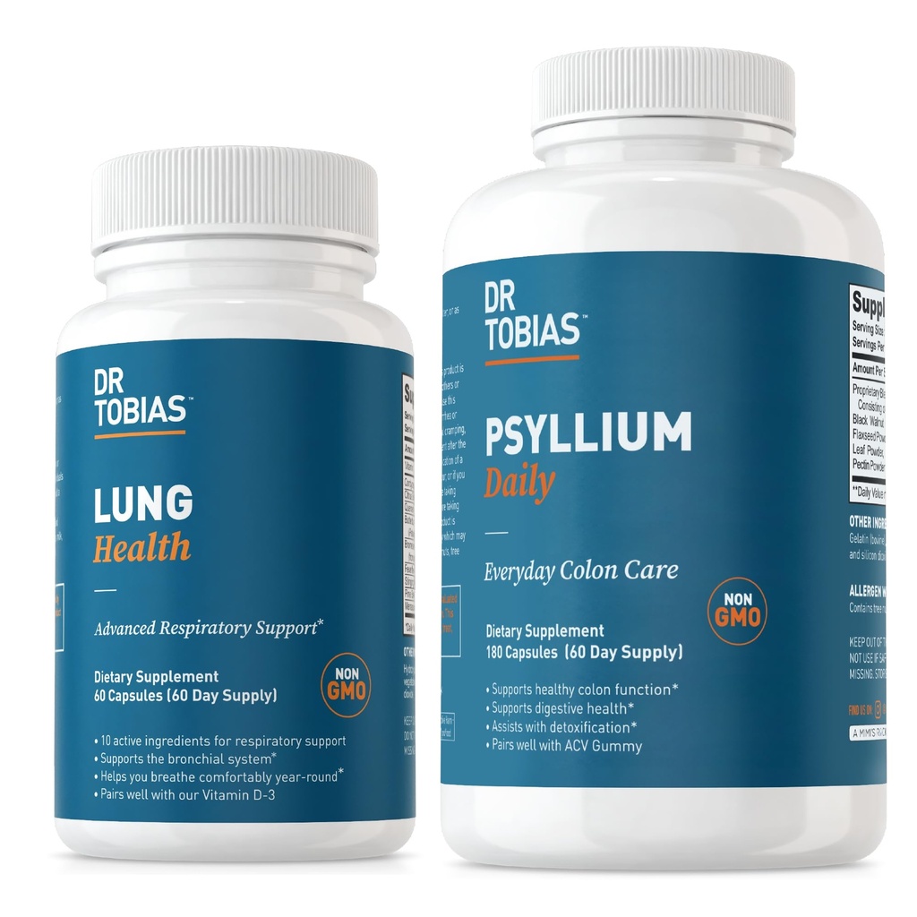 Dr Tobias Lung Health & Psyllium Daily Supplements, Lung Cleanse & Detox Formula, soutient les mouvements de l'intestin sain avec le musc de Psyllium, vitamine C, beurre, Quercetine, supplément quotidien de fibre et de poumon