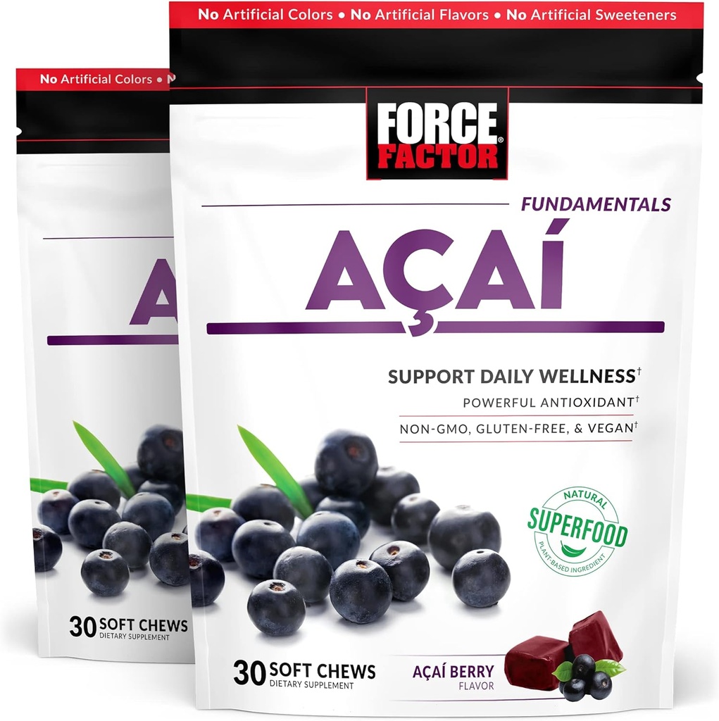 Facteur de force Acai Soft Chews pour le soutien immunitaire, la défense anti-stress oxydative, Superfood et antioxydants Supplément, non-OGM, sans gluten, et végétalien, açai Berry Flavor, 30 Soft Chews, 2-Pack
