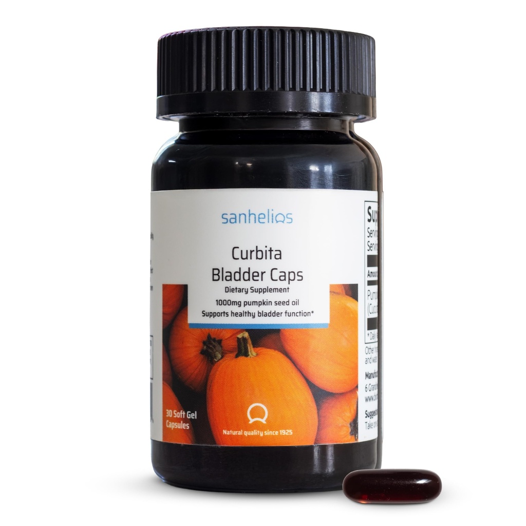 Sanhelios Curbita Blaasmutsen Pompoenzaadolie 1.000mg - Gezonde blaasfunctie Ondersteuningssupplement voor mannen en vrouwen - Niet-GMO, Suikervrij, Conserveervrij, Glutenvrij - 30 Capsules - 1 Pack