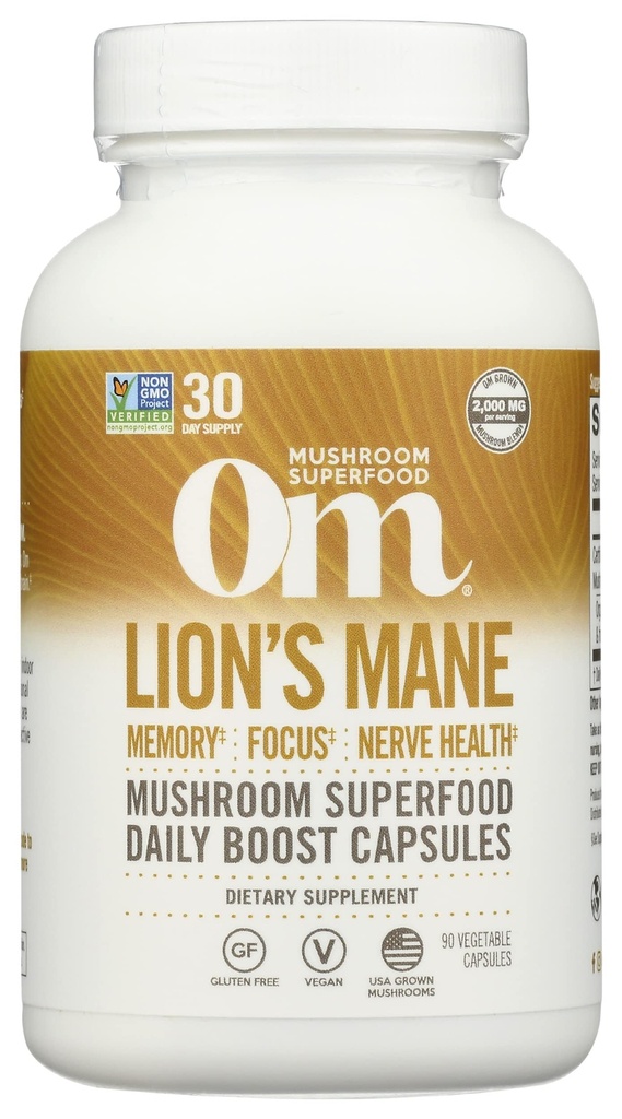 Om Mushroom Superfood Lion's Mane Mushroom Capsules Supplément, Corps de fruit et Mycélium Nootropic pour le soutien de la mémoire, Focus, Clarity, Nerve Health, Créativité & Mood, 90 Capsules
