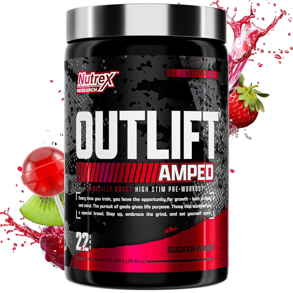 OUTLIFT Amped Max Dosed HIGH STIM Pre Workout Powder, 6G Citrulline, 3.2G Beta Alanine, Alpha GPC, CognatiQ, Extreme Energy, Massive Pumps, Strength, Electrolytes, Nootropics, Fruit Punch, 22 Servers