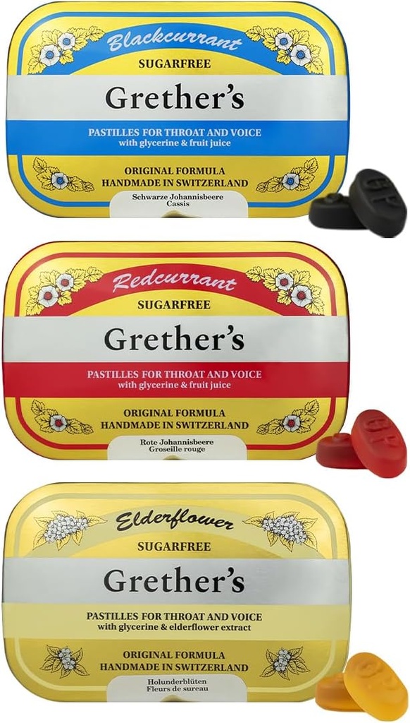 GRETHER'S Suikervrije Pastilles Zwarte bessen, Vlierbloesem & Red bessen - Geschenk voor Zangers - Natuurlijke Remedie voor Droge Mond Relief - 2.1 oz (Pack of 3)