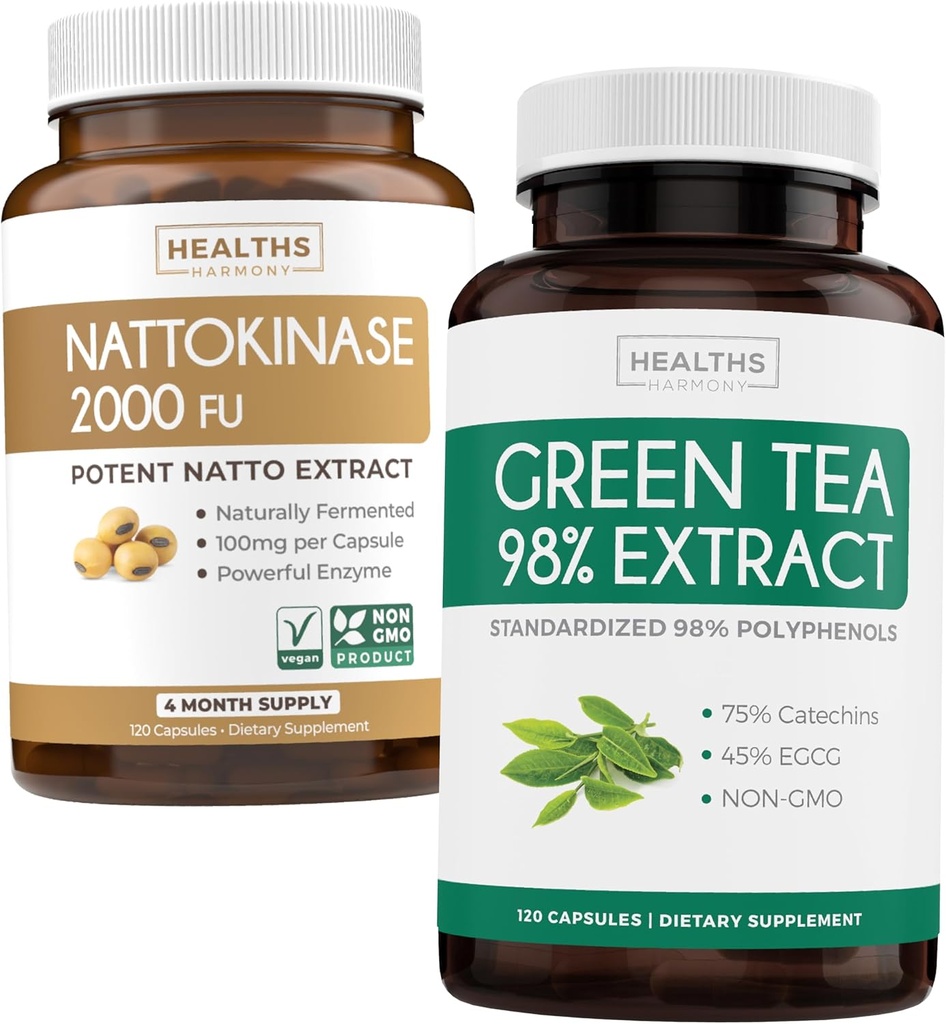 Nattokinase & Green Tea (2-maandvoorraad) Green Vitality Boost - Nattokinase 2000 FU Krachtige natuurlijke gefermenteerde soja -120 Caps & Green Tea Extract 98% met EGCG (Non-GMO) Natuurlijke Metabolisme Boost
