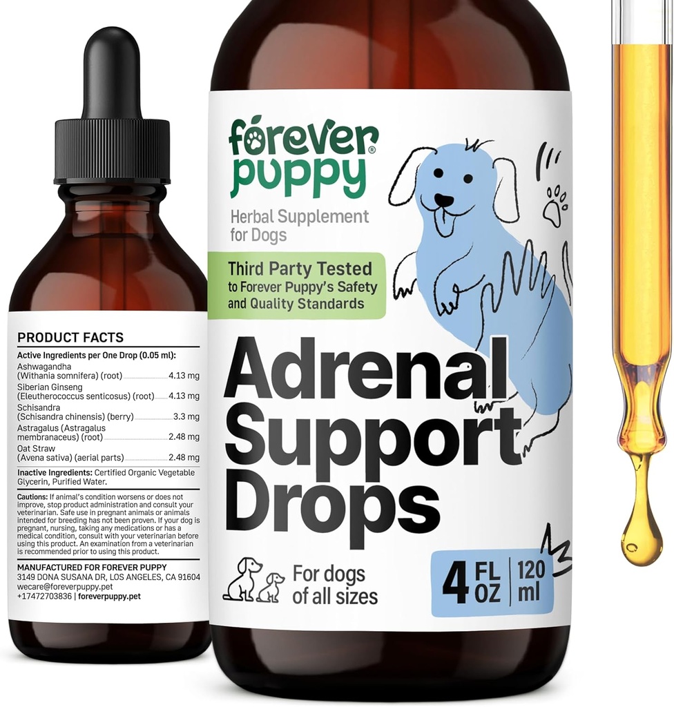 Forever Puppy Adrenal Support Drops for Dogs - Pure Ashwagandha & Ginseng Root Extract for Energy Support - Calming Supplement for Dogs of All Rases & Sizes - 4 fl oz