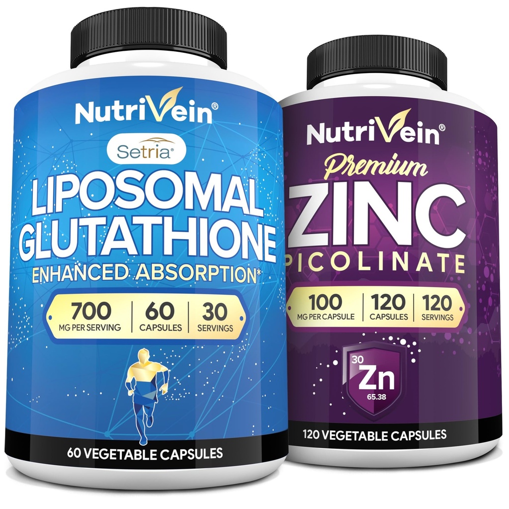 Nutrivein Premium Zink Picolinaat & Liposomale Glutathion Supplement Bundle: Hoge-Absorptie Glutathion Liposomale Supplementen & Zink Supplementen voor mannen en vrouwen - Immuniteit, spijsvertering, Detox, & Reparatie