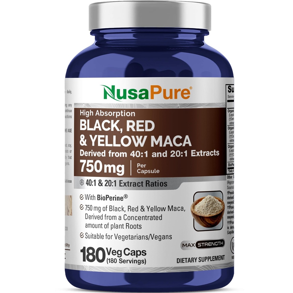 NusaPure Maca Root Black, Red, Yellow 20,000mg - 180 Vegan Capsules (Vegan,Non-GMO, Glutenvrij) Bioperine