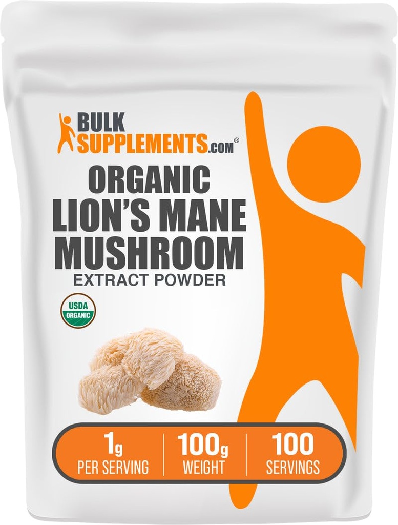 BulkSupplements.com Biologische Lion's Mane Paddestoel Extract Poeder - Lions Mane Supplement Poeder, Superfood voor Well-Being - Vegan, 1g per Serving, 100g (3,5 oz) (Pack of 1)