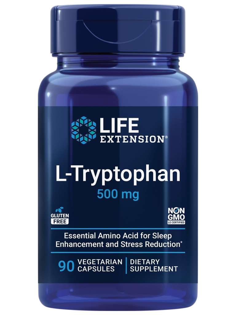 Levensverlenging L-Tryptofaan, 500 mg, stimuleert gezonde serotonineniveaus en bevordert gezonde slaap, goed, stressrespons & verzadiging, Glutenvrij, niet-GMO, vegetarisch, 90 capsules