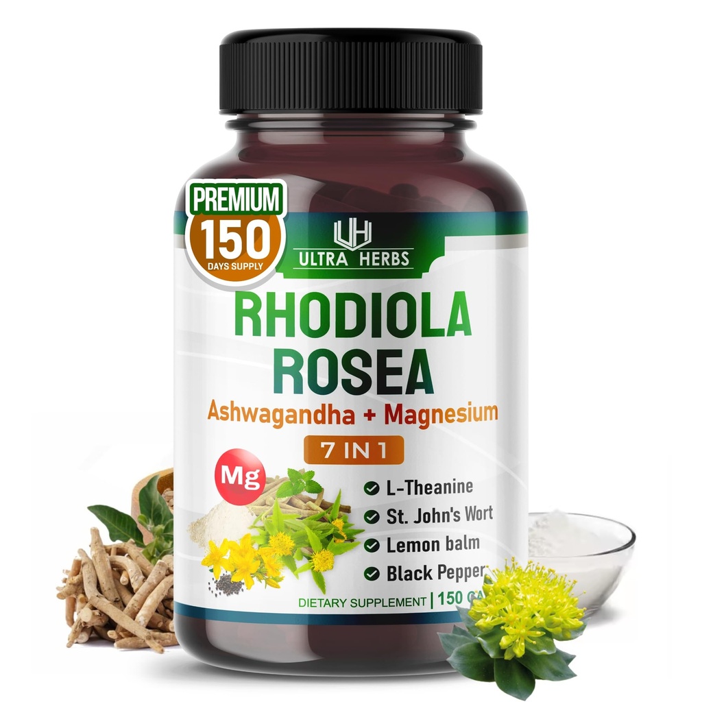 Rhodiola Rosea Supplement Verrijkt met Ashwagandha, Magnesium, L-Theanine, St. John's Wort, Citroen Balm - Ondersteuning Mood, slaapt kwaliteit, en Mental Focus 150 Capsules
