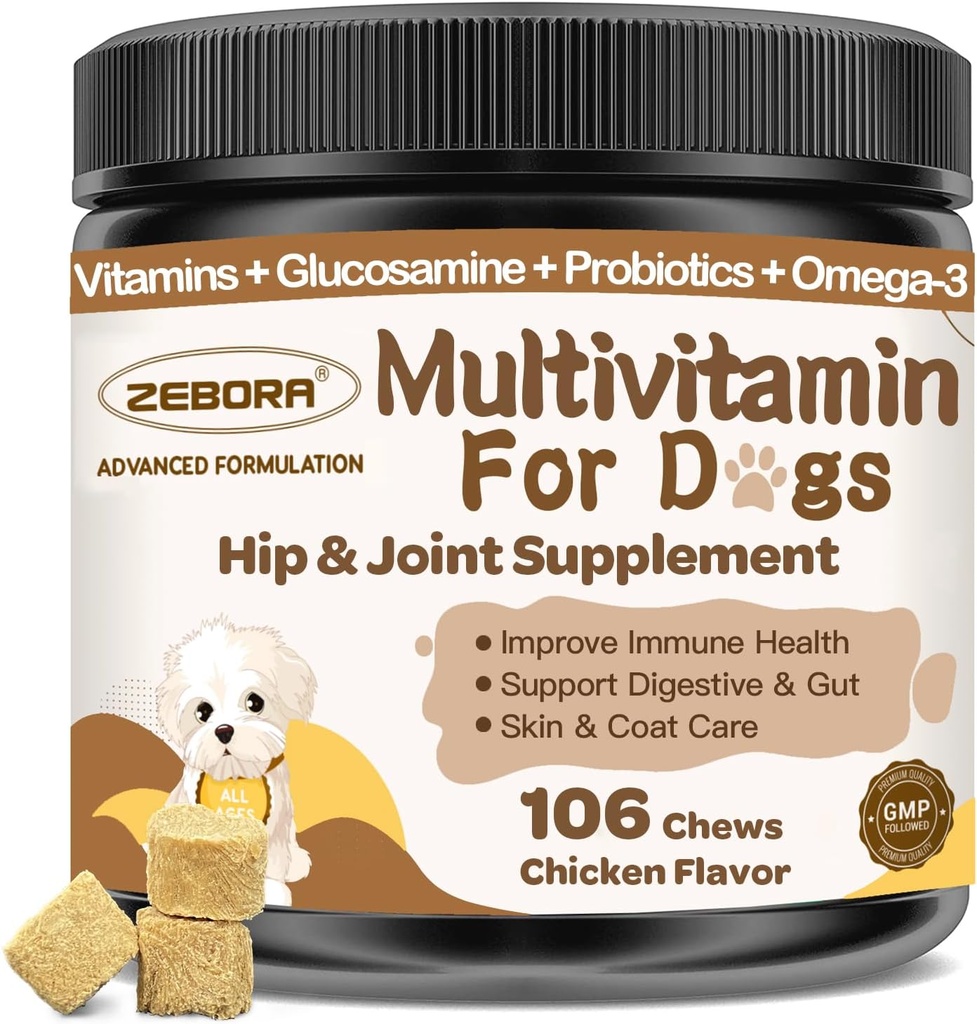 Honden Multivitamine met mineralen voor algemene gezondheid - Hondenvitaminen en supplementen met Glucosamine, Probiotica voor Puppy & Senior Honden met Mineralen - Omega 3 Visolie voor de huid & Coat - 106 Kauwen