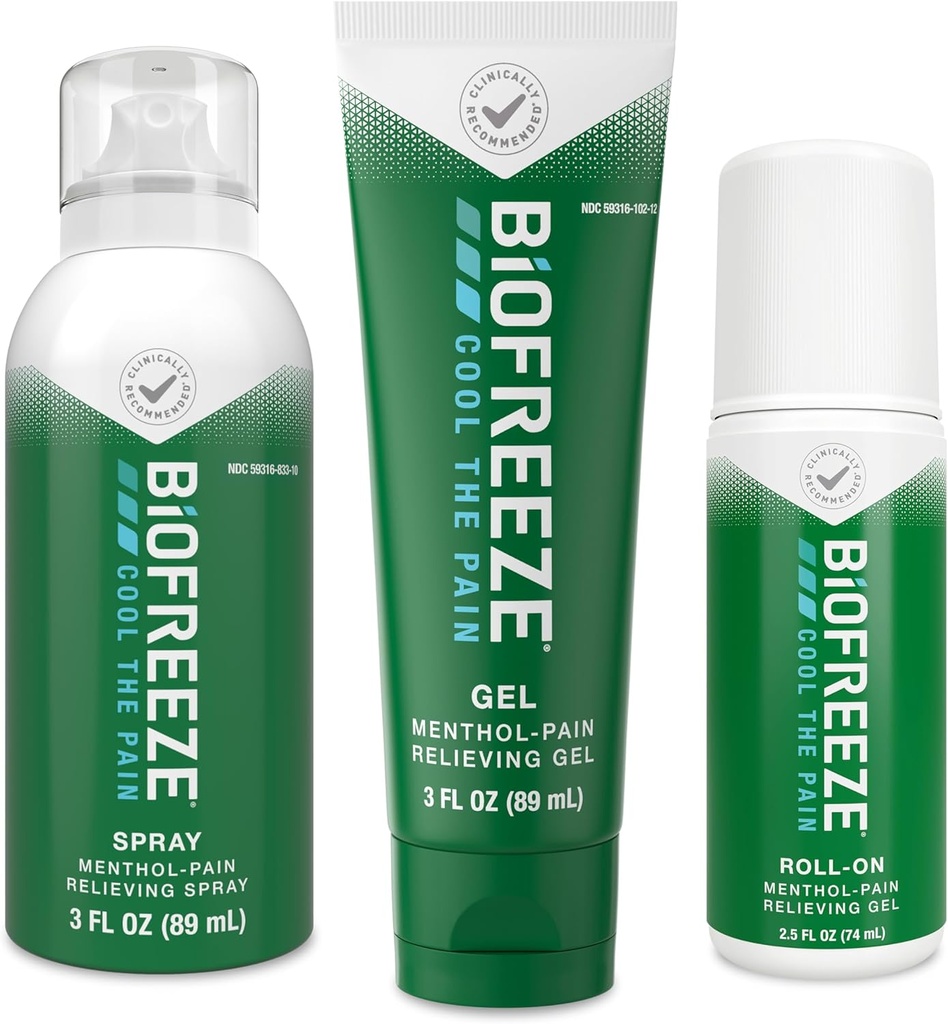 Biofreeze Pain Relief Roll-On 2.5 FL OZ, Gel 3 FL OZ, En Spray 3 FL OZ Variety Pack Topical Pain Reliever Voor spieren en gewrichten van artritis, rugpijn, strepen, blauwe plekken, verstuikingen (Package May Vary)
