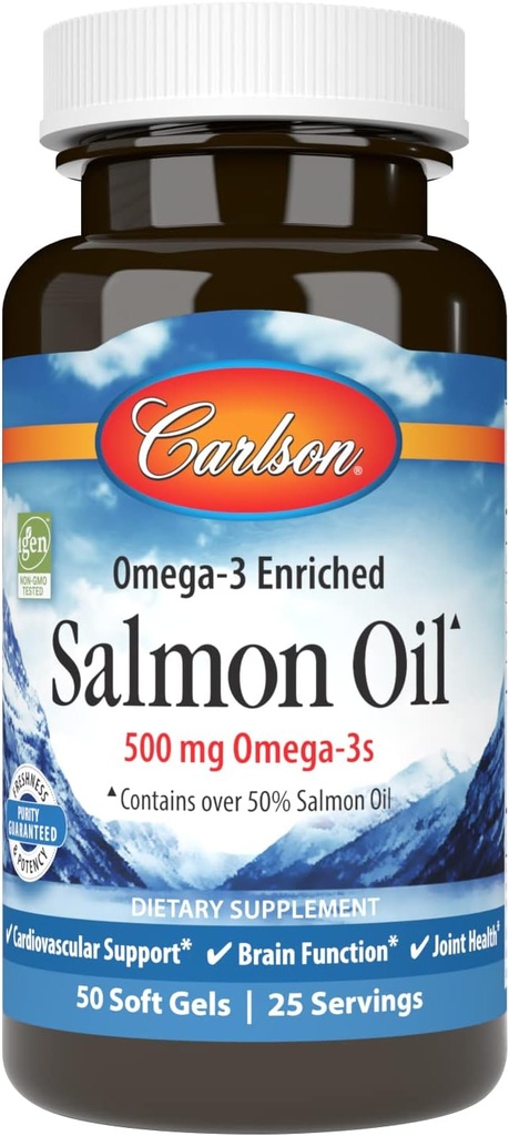 Huile de saumon de Carlson, 500mg Oméga-3s, Huile de poisson norvégienne sauvage, source durable, 50 Softgels