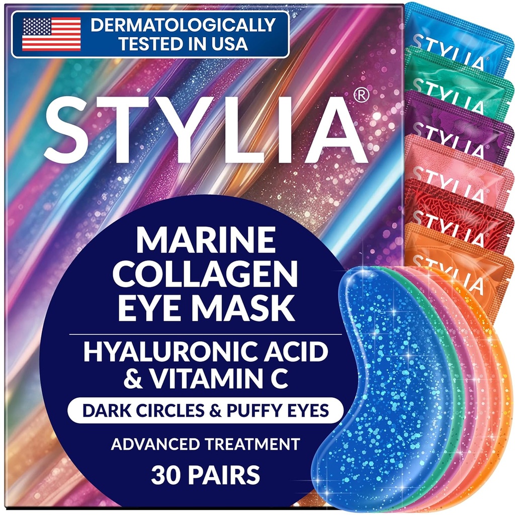 Stylia Collageen & Vitamin C under Eye Patches for Puffy Eyes & Dark Circles - Depuffing, Hydrating & Firming Under Eye Mask with Hyaluronic Acid - Vegan, Cruelty-Free Skincare (30 Pairs)