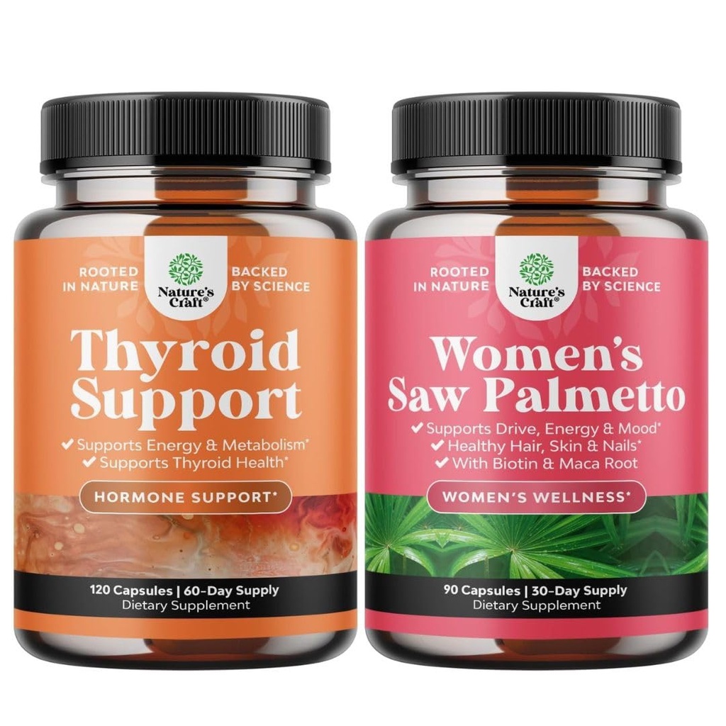 Ensemble de complexe de soutien à base de plantes adrénal et thyroïde - Mood Enhancer supplément d'énergie pour la santé thyroïde et Palmetto de scie extra-fort pour les femmes pour les cheveux plus forts et plus sains