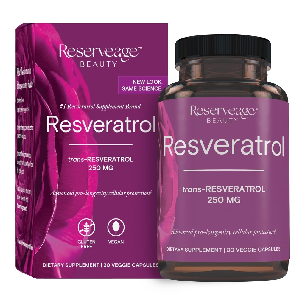 Reserveage Schoonheid, Resveratrol 250 mg, Antioxidant Supplement voor hart en Cellular Health, Ondersteunt gezonde veroudering en immuunsysteem, Paleo, Keto, 30 capsules