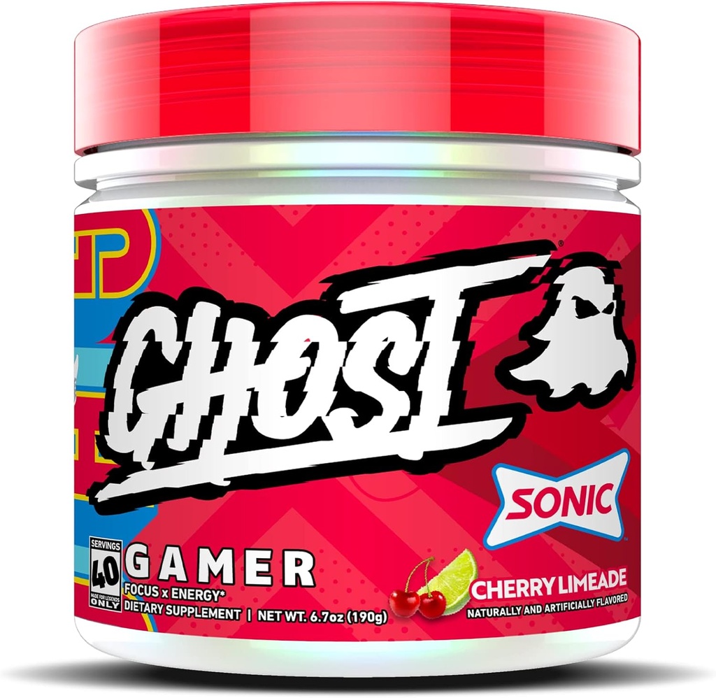 GHOST Gamer: Energie en Focus Ondersteuning Formule - 40 Servings, Sonic Cherry Limeade - Nootropics & Natural Cafeine voor aandacht, nauwkeurigheid en reactietijd - Veganistisch, Glutenvrij