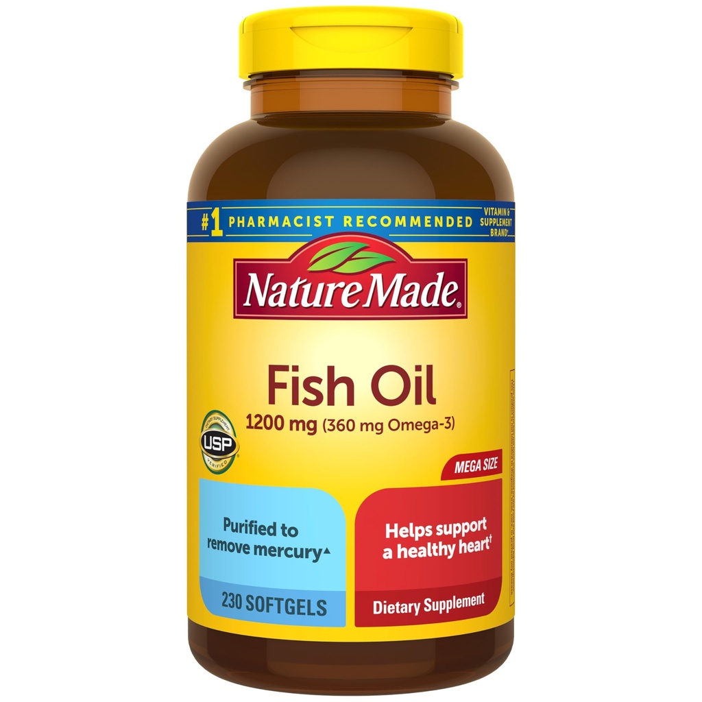 Nature Made Fish Oil Omega 3 Supplementen, 1200 mg Softgels, Omega 3 Fish Oil voor gezonde hartondersteuning, 230 Softgels, 115 dagen levering