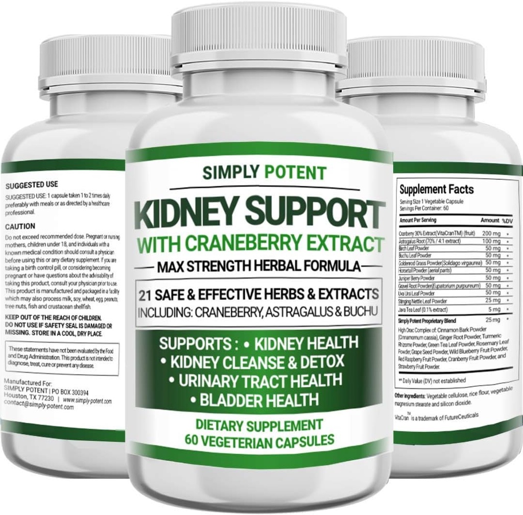 Nierondersteuning Supplement, nierreiniging Detox & Reparatie Formule voor Niergezondheid & herstellen, 705mg Pillen met 21 Kruiden - Cranberry Astragalus & Juniper voor Blader & Urinaire Tract Health, 60 Capsules