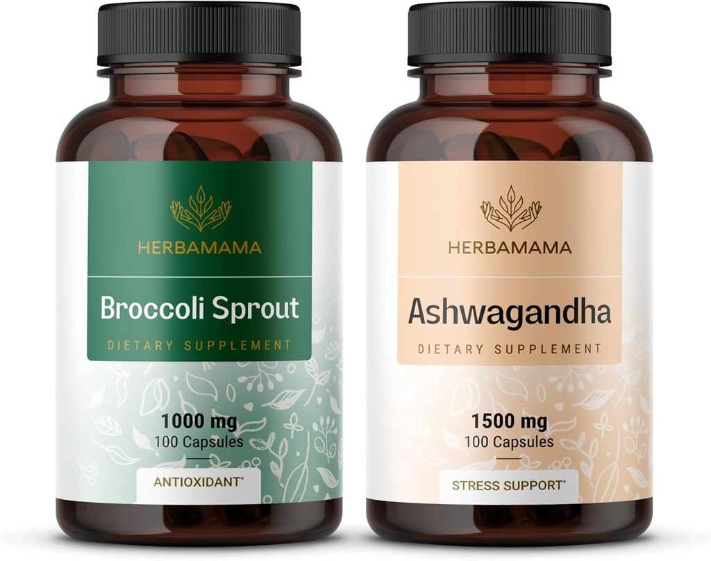 HERBAMAMA Broccoli Sprot en Ashwagandha Root Kit - bundel van 1000 mg Broccoli Sprot & 1500 mg Ashwagandha Root Capsules - Vegan, Non-GMO, Sugar & Gelatine-Free - 2 Pack