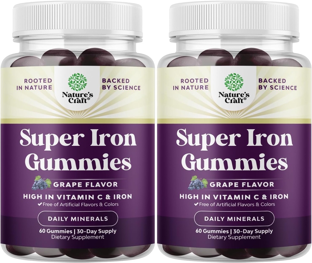 Extra sterkte ijzer Gummies voor vrouwen en mannen - Krachtige 45mg per Serving Chewable Iron Supplement for Women & Men with Vitamin C Higher Absorptie - Vegan Daily Gummy Adults (60 Servings)