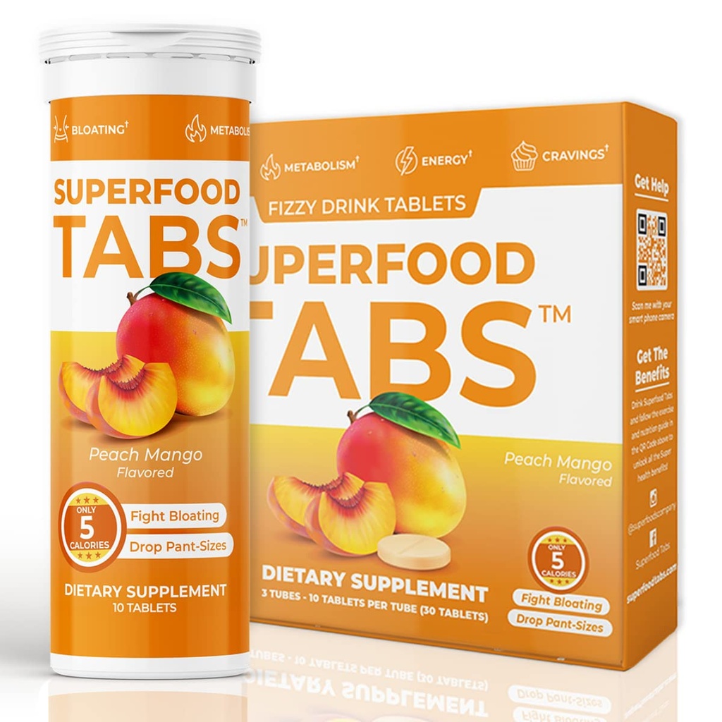 Superfood Tabs skinnytabs Anti-Bloat Cleanse Drink with 15 Superfoods | Supports Digestion, Energy & Cravings | Vegan, Non-GMO | 30 Effervescent Tabs – Peach Mango Flavor