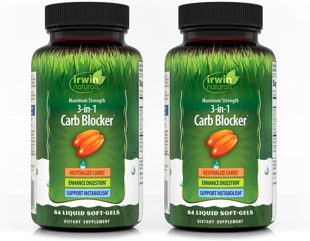 Irwin Naturals Maximale sterkte 3-in-1 Carb Blocker - Neutraliseren Koolhydraten, Aids Digestie en Metabolisme Booster - Witte Nier Bean Extract + Chroom + Enzyme Blend - 84 Soft-Gels - 2 Pack