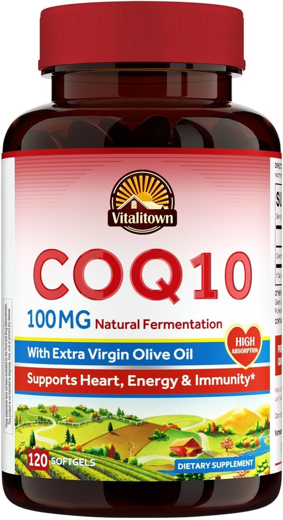 Vitalitown CoQ10 100mg, met Extra Virgin Olijfolie, Maximale Absorptie, Co-enzym Q10 Supplement, Geen Gluten, Non-GMO, voor Antioxidant & Heart Health Ondersteuning, 120 Softgels