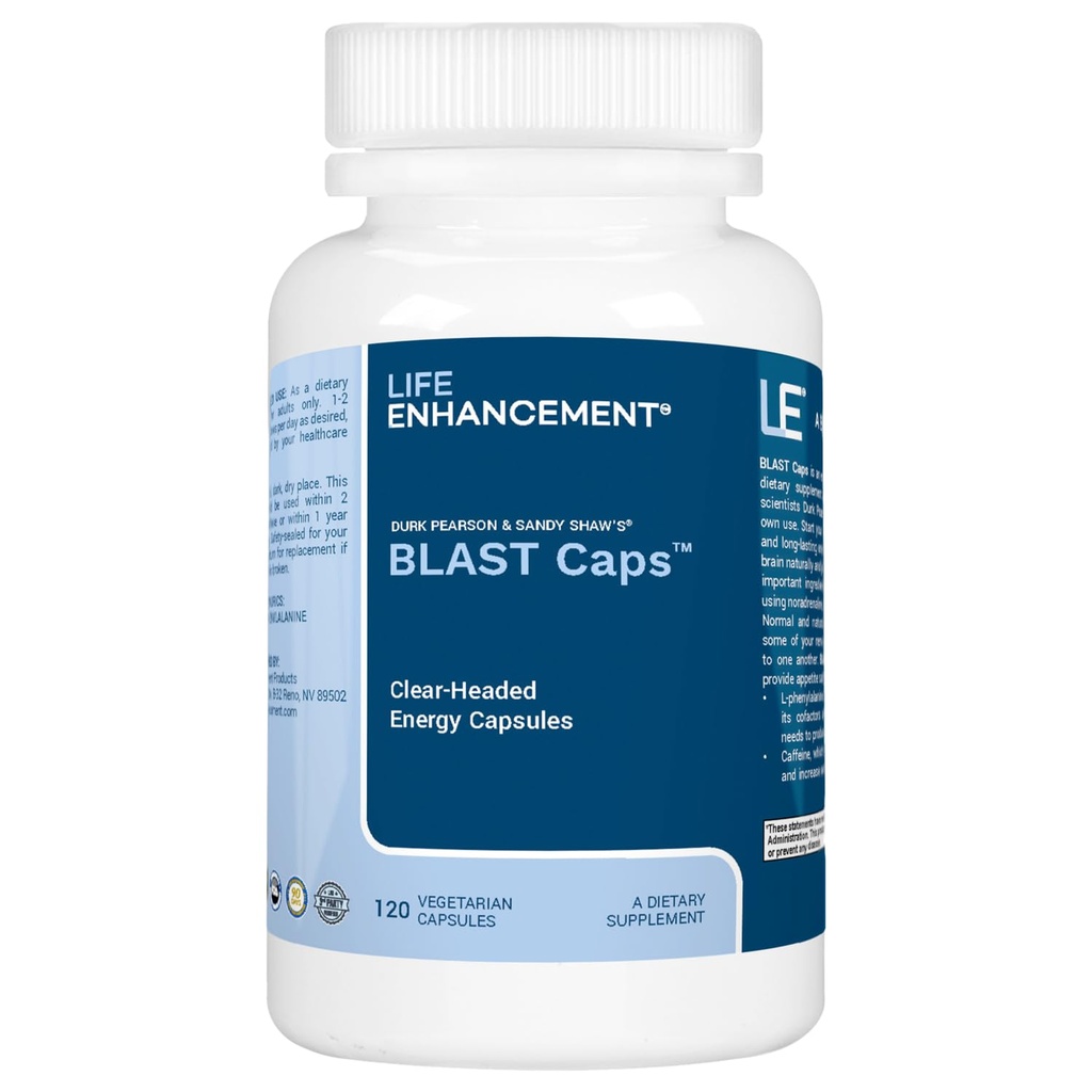 Life Enhancement Blast Caps, 60 Capsules - Energy and Focus Supplement - Nootropics Brain Support Supplement met B12, Niacin, Cafeïne, Taurine, Fenylalanine, Vitamine C, & Meer