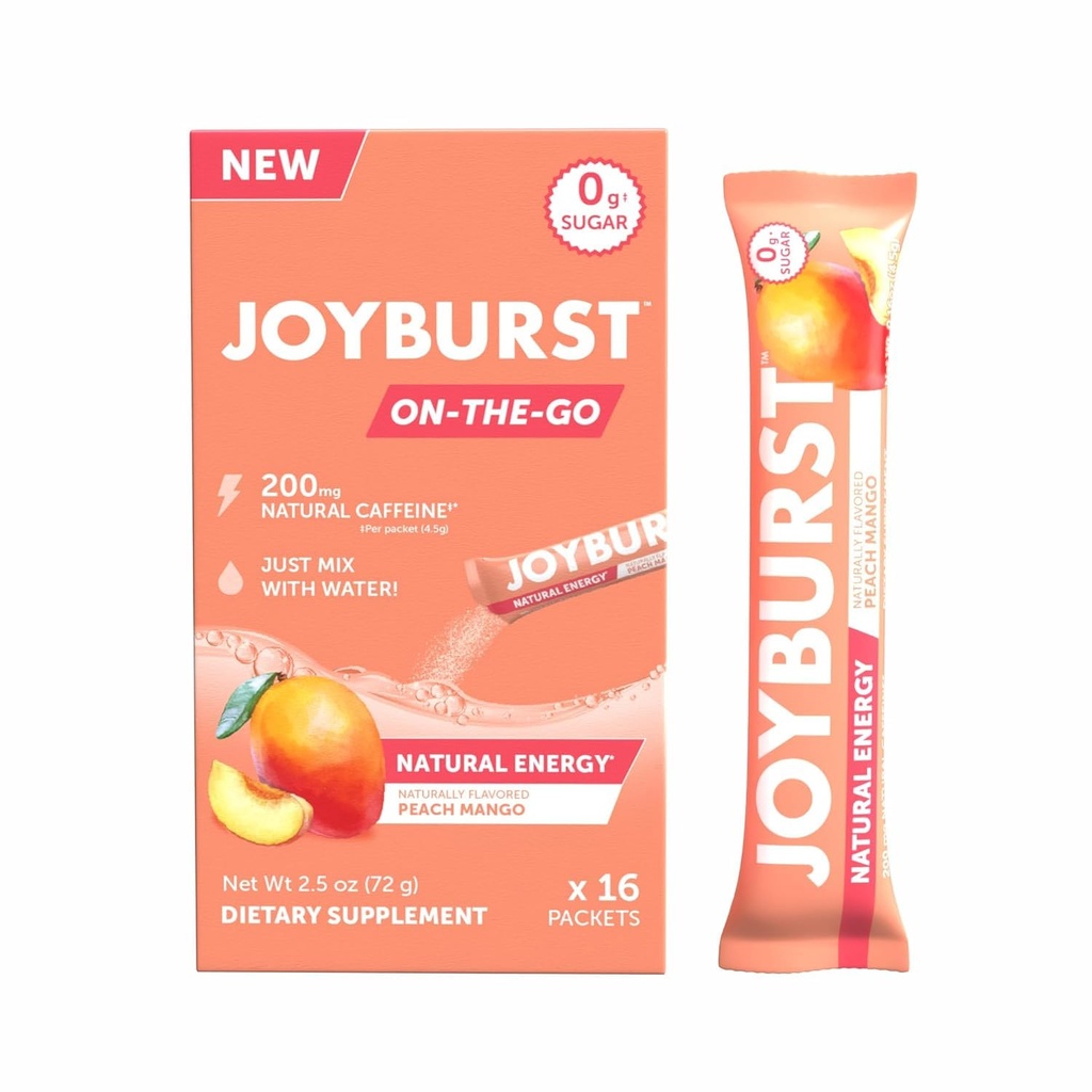 JOYBURST Energy Drink Mix, Natural Cafeïne (200mg) voor Sustained, Jitter Free Energy, On-The-Go Natural Energy Drink Powder, Sugar Free - 16 x 4g Energy Sticks (Peach Mango)