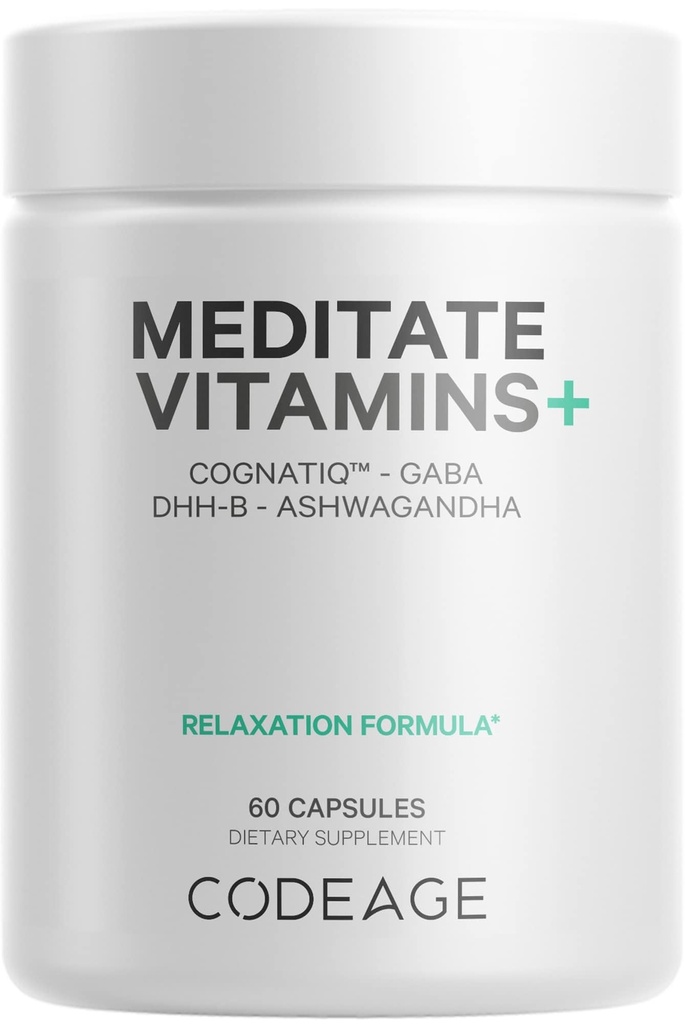 Codeage Meditatie Vitaminen+ Supplement - CognatiQ, DHH-B, GABA, Ashwagandha, Biologische Paddenstoelen, Bosbessen - BDNF Hersenpillen en Neuroproteïne - Veganistisch, Non-GMO, Glutenvrije - 60 Capsules