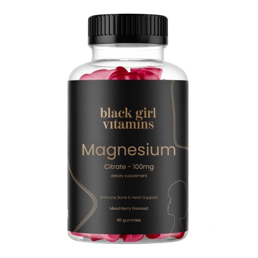 Vitamines Fille Noire - Gommies de magnésium, pour le sommeil, l'immunité et le soutien des os. Supplément de citrate de magnésium avec (100mg) par portion, sans gluten (Berry mélangé). 60ct
