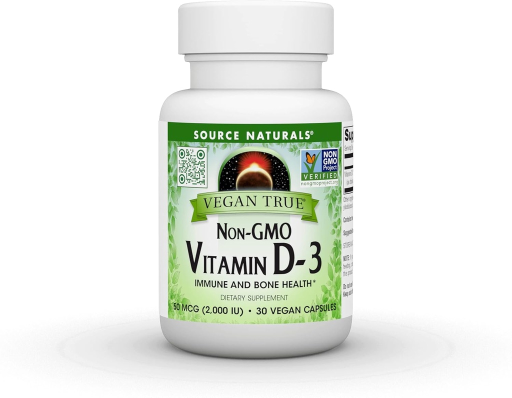 Bron Naturals Vegan True, Non-GMO Vitamine D-3, Dieetsupplement voor Immune en Bone Health*, 2000 IE - 30 Capsules