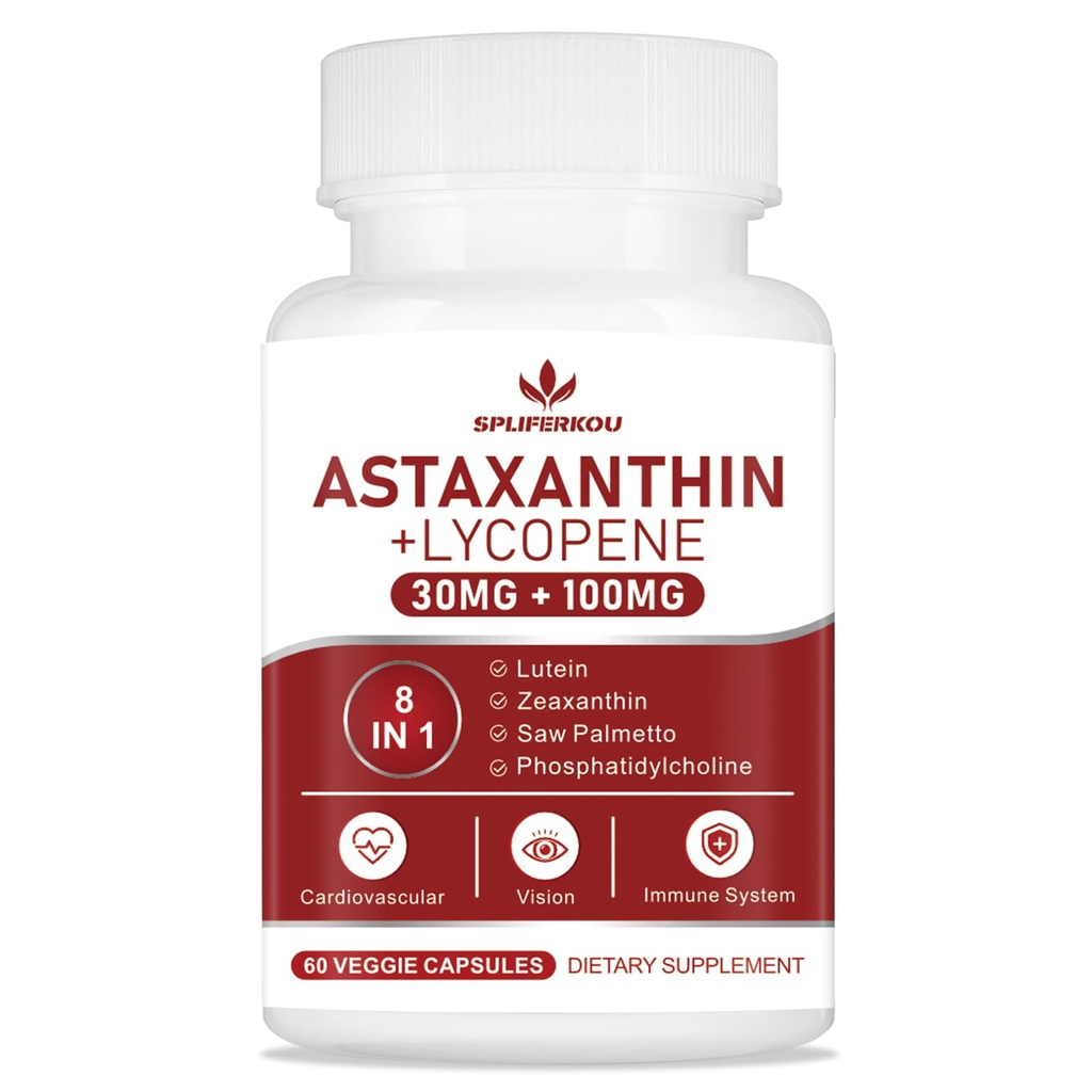 Astaxanthine en Lycopeen 70 mg, Astaxanthine Supplement met Fosfatidylcholine, Luteïne en Zeaxanthine, Krachtige Antioxidanten Supplement Ondersteuning voor huid, oog en Joint Health (60 capsules)