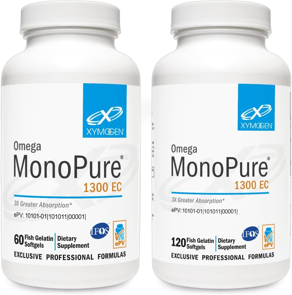 XYMOGEN Omega MonoPure 1300EC Bundel - 60 Softgels + 120 Softgels - Visolie met 3X Grotere absorptie - DHA EPA Omega 3 Supplement voor Hartgezondheid + Cognitieve Ondersteuning