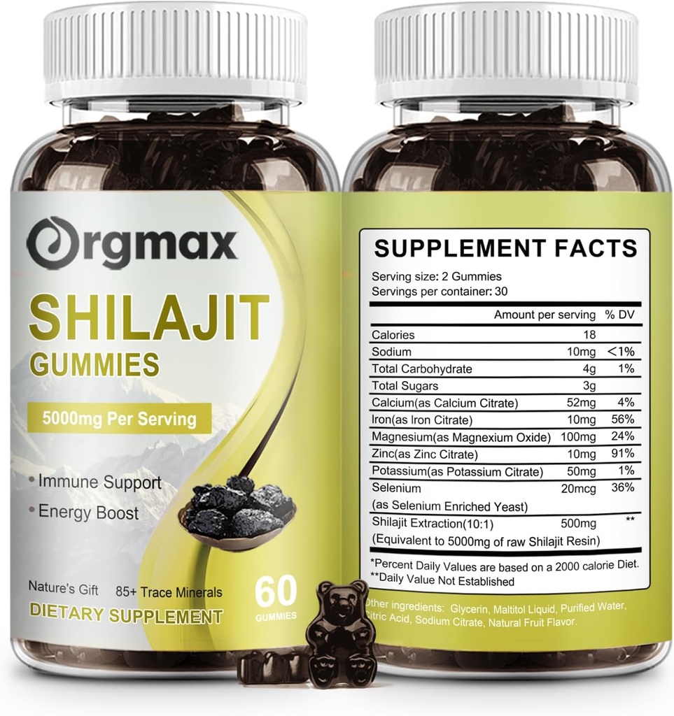 Shilajit Pure Himalaya Organic Shilajit Gummies,5000MG Shilajit Supplement voor mannen en vrouwen met 85+Trace Minerals & Fulvic Acid,Support for Focus, Energy & Immune, Non-GMO