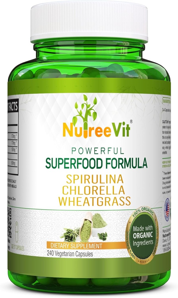 NutreeVit Pure 100% Organische Spirulina + Chlorella + Tarwegras - Krachtige Superfood - Veggie Capsules 500mg