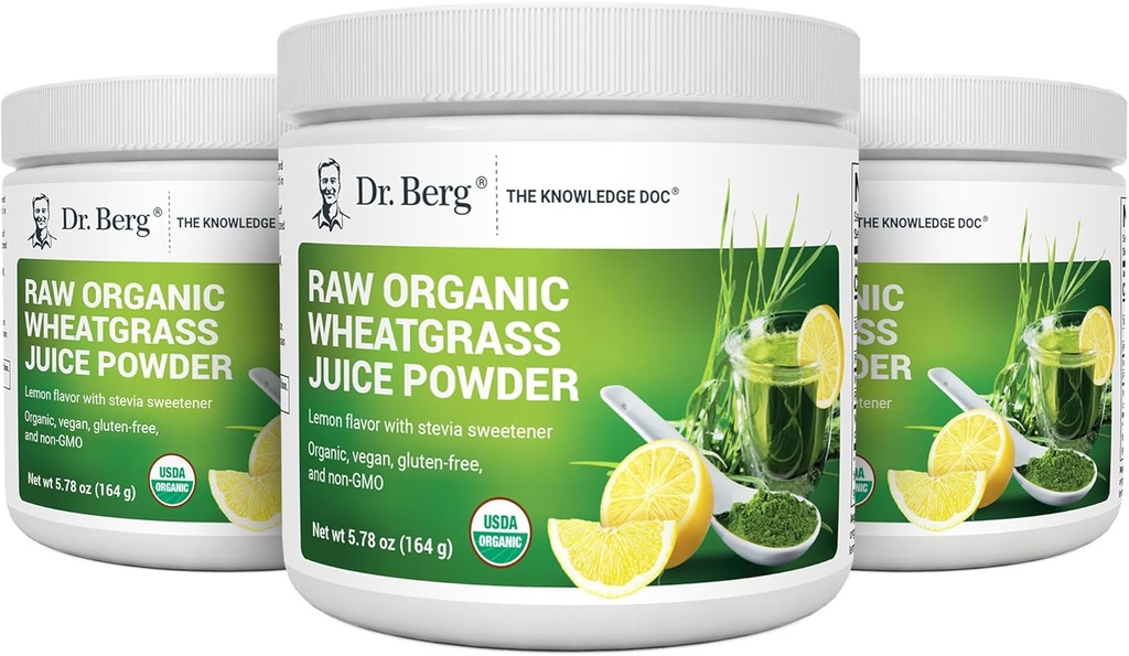 Dr. Berg's Raw Wheatgrass Juice Powder (60 Servings) - USDA Certified Organic Wheatgrass Powder w/ Chlorofyl, Trace Minerals & Natural Enzymes - Ultra-concentrated - Citroensmaak w/ Stevia 3 Pack