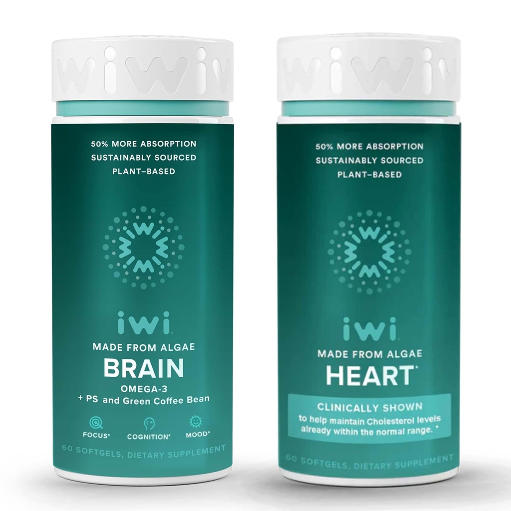 Iwi Life Brain & Heart Omega-3 Bundle, 30 Servings, Vegan Plant Based Algen Omega 3, Krill & Fish Oil Alternative, No Fishy Aftersmaak