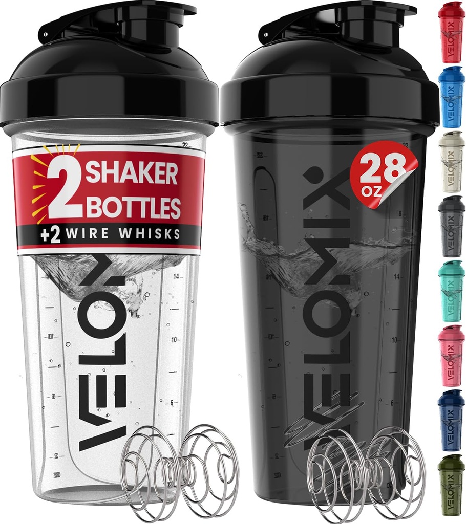 VELOMIX -2 Pack- 28 oz Protein Shaker Flessen voor eiwitmixen - 2x Wire Whisk 
