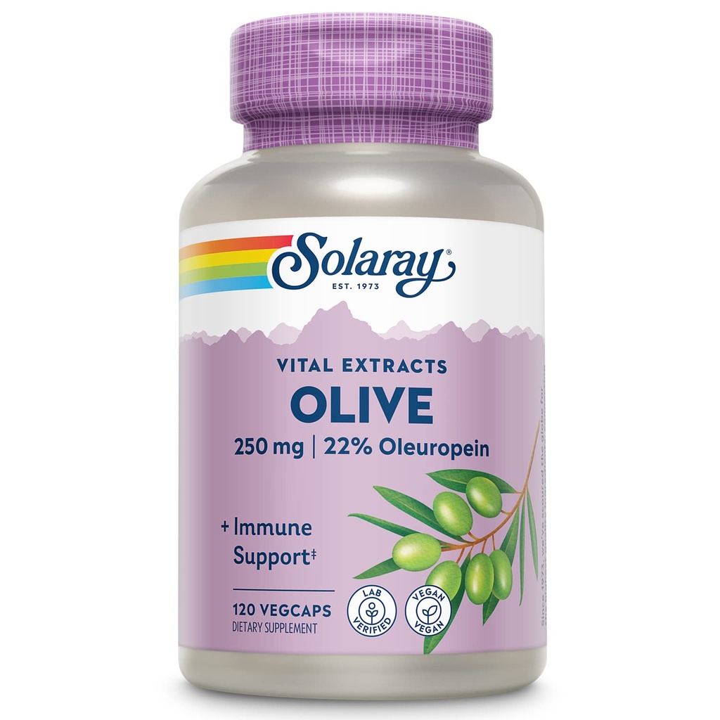 SOLARAY Olive 250mg - Olive Leaf Extract Capsules met 22% Oleuropein, Plus Citroenbalsem - Polyfenolen Supplement voor Wellness Ondersteuning - Vegan, 60-dagen garantie, Lab geverifieerd - 120 porties, 120 VegCaps