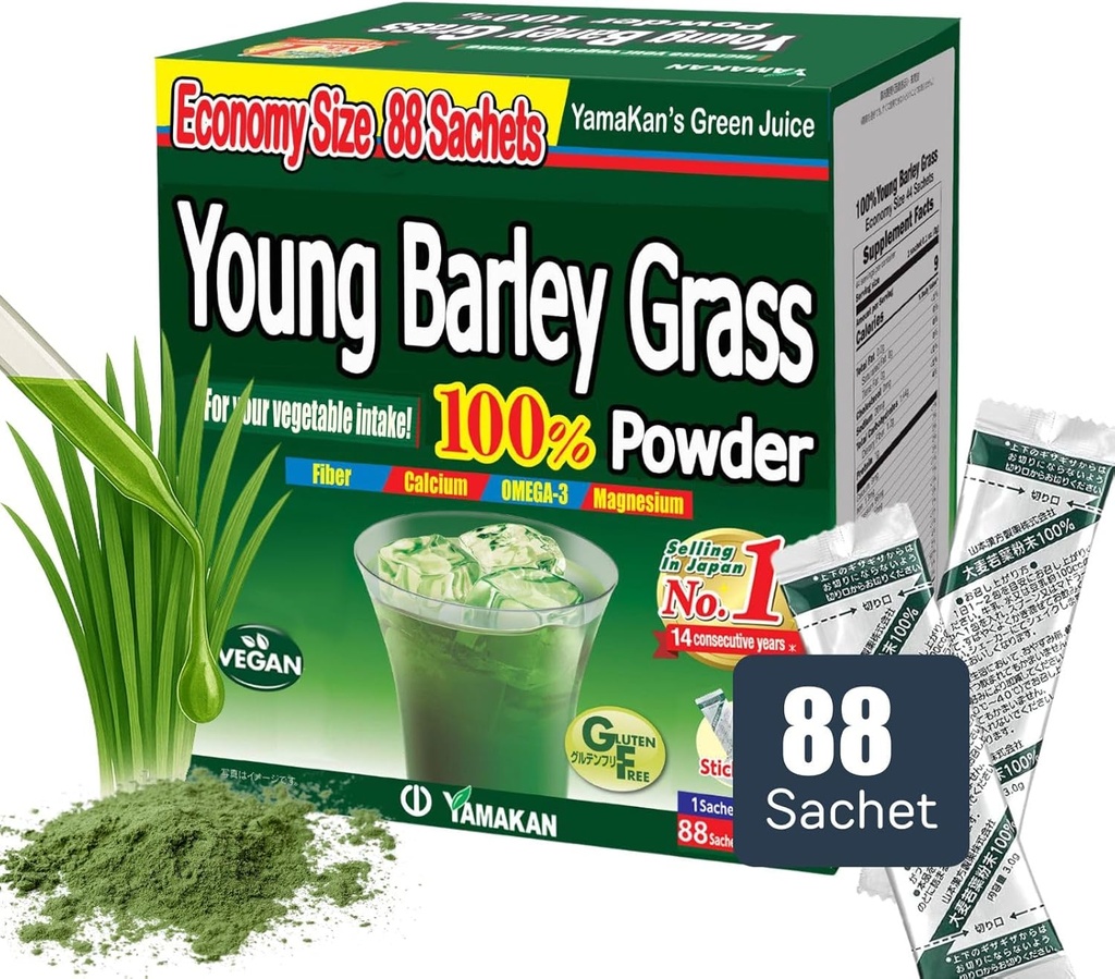 YAMAKAN Young Barley Grass Powder, Greens Superfood Powder Rijk aan voedingsstoffen, mineralen, vitaminen en plantaardige eiwitten voor vrouwen en mannen, gerstgras uit Japan, niet GGO 88 Tel.
