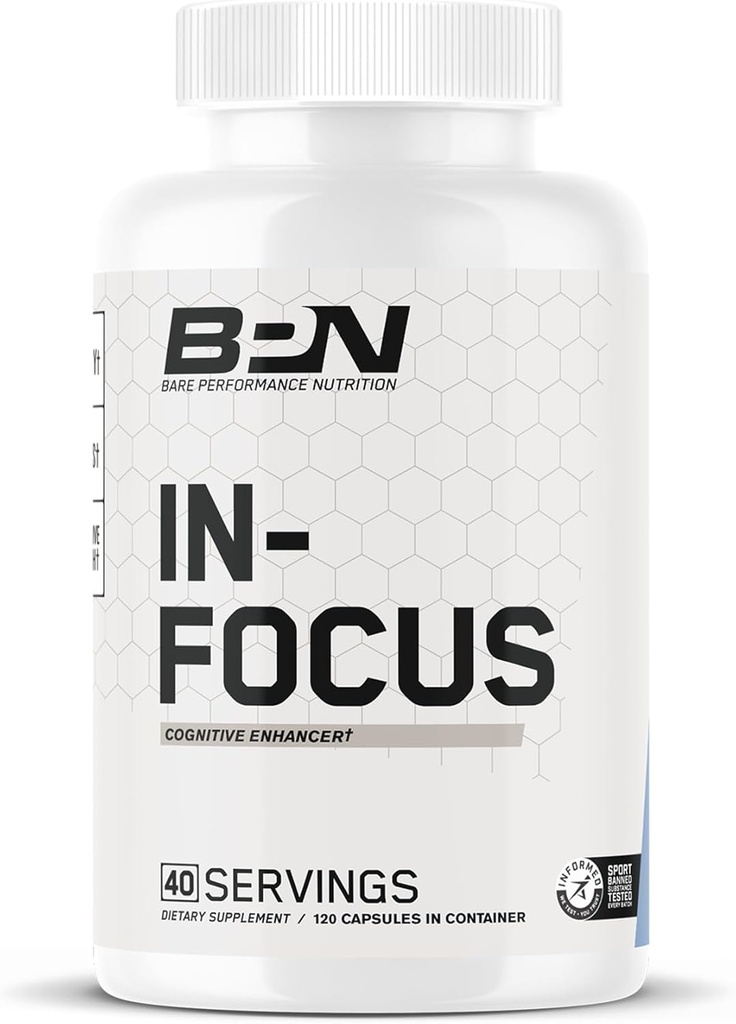 BARE PERFORMANCE NUTRITION BPN in-focus Hersensupplement voor Geheugen & Focus Cafeïne Pillen, 1 g L Tyrosine per Serving + Alpha GPC, 40 Servingen, Glutenvrij + Veganistisch