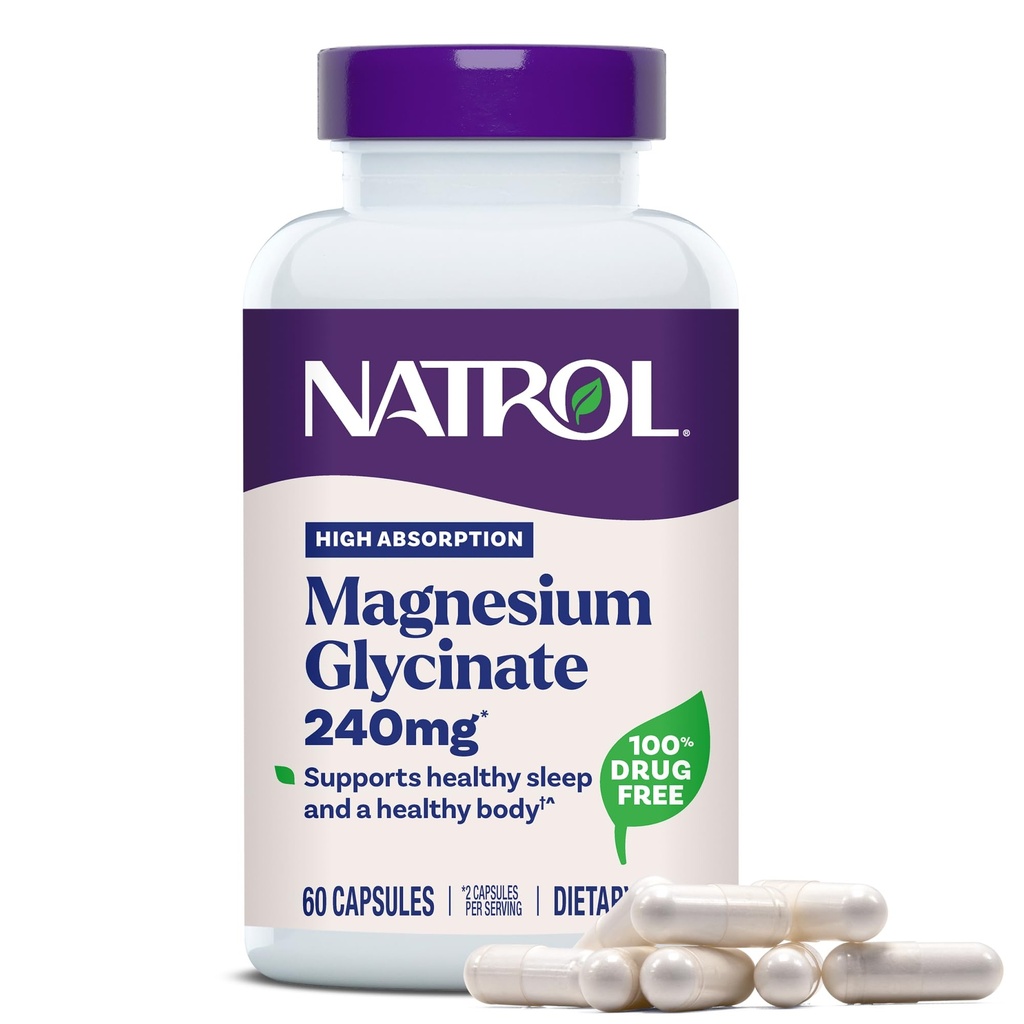 Natrol Magnesium Glycinate Supplementen 240 mg - Hoge Absorptie - Kalm Magnesium Glycinate voor Slaap - 60 capsules, 30 dagen Levering